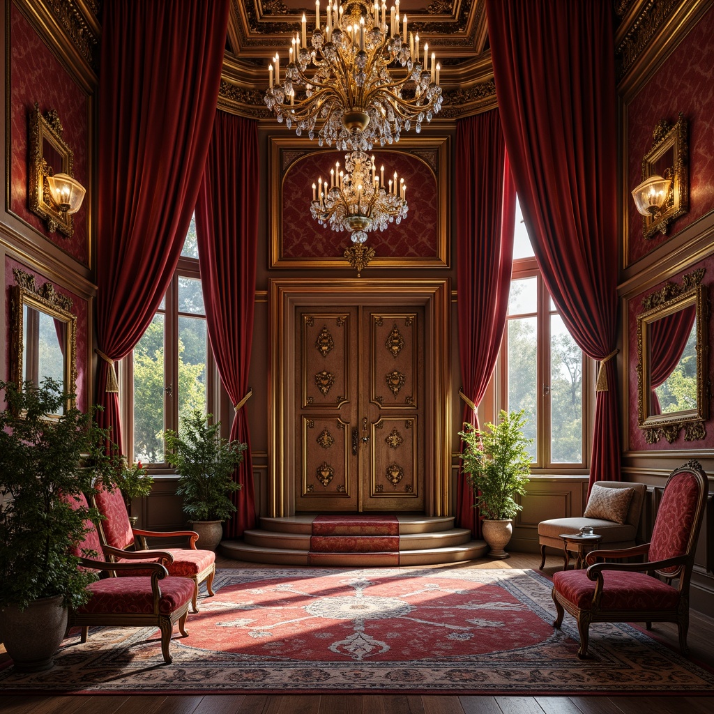 Prompt: Ornate palatial mansion, grandiose entrance, intricately carved wooden doors, luxurious furnishings, velvet drapes, crystal chandeliers, gilded frames, ornamental mirrors, lavish textiles, intricate patterns, rich jewel tones, warm ambient lighting, shallow depth of field, 1/1 composition, realistic textures, soft focus effect.