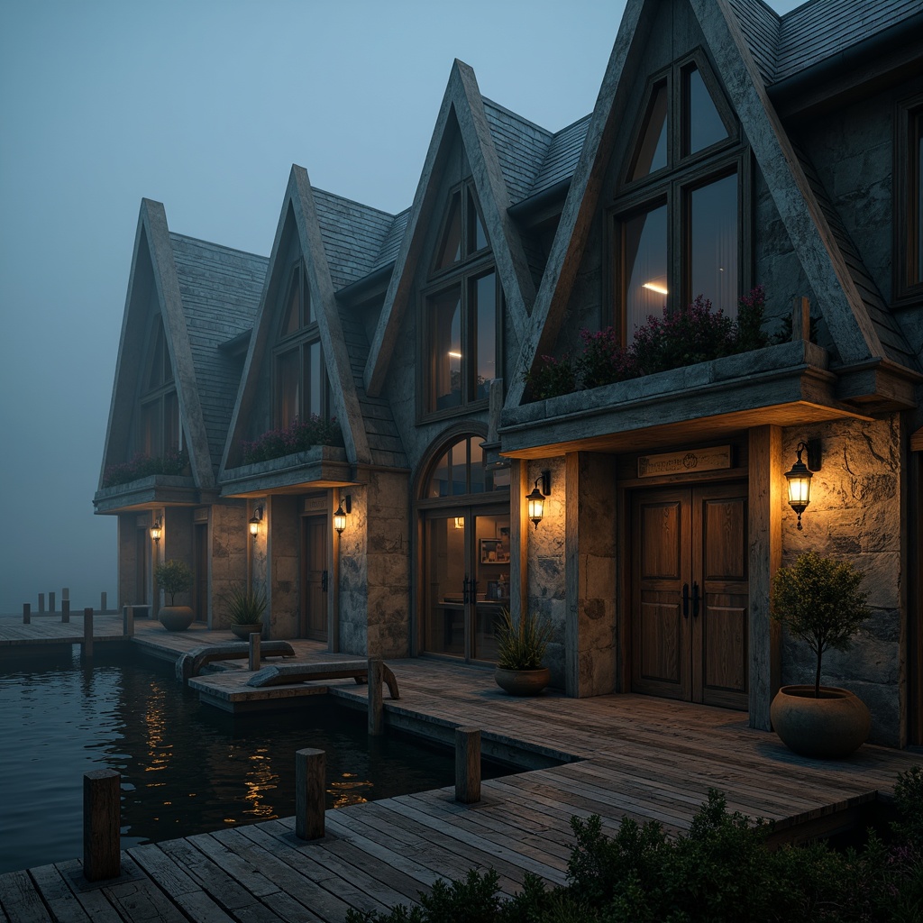 Prompt: Mysterious boathouse, gothic architecture, intricate stone carvings, pointed arches, ribbed vaults, flying buttresses, ornate wooden doors, heavy iron hinges, dimly lit interior, flickering candles, lantern-style lighting, warm golden glow, rich wood tones, rustic metal accents, vintage nautical elements, distressed textures, dramatic shadows, cinematic ambiance, atmospheric fog, misty waterfront, eerie silence, 1/2 composition, low-key lighting, realistic reflections.