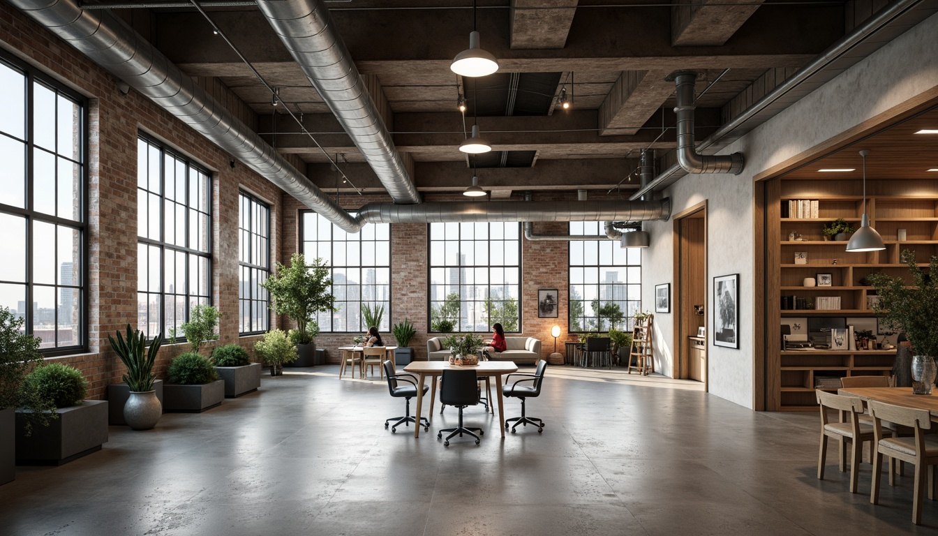 Prompt: Exposed ductwork, polished concrete floors, industrial metal beams, reclaimed wood accents, vintage factory windows, modern LED lighting, minimalist decor, functional workstations, collaborative open spaces, eclectic art pieces, urban cityscape views, natural light pouring in, airy atmosphere, shallow depth of field, 1/1 composition, realistic textures, ambient occlusion.