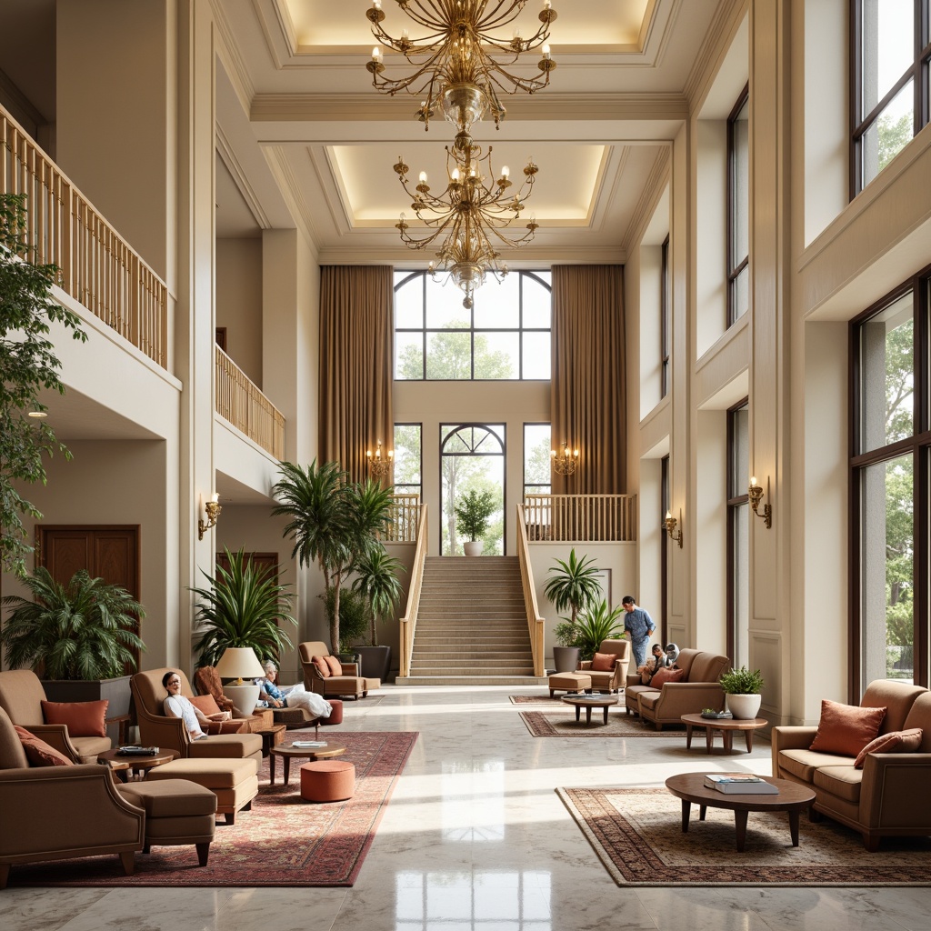 Prompt: Elegant healthcare center, marble floors, ornate chandeliers, cream-colored walls, rich wood accents, comfortable sofas, velvet armchairs, wooden coffee tables, antique rugs, ornamental plants, grand staircase, symmetrical layout, natural light pouring in, warm soft lighting, shallow depth of field, 1/2 composition, realistic textures, ambient occlusion.