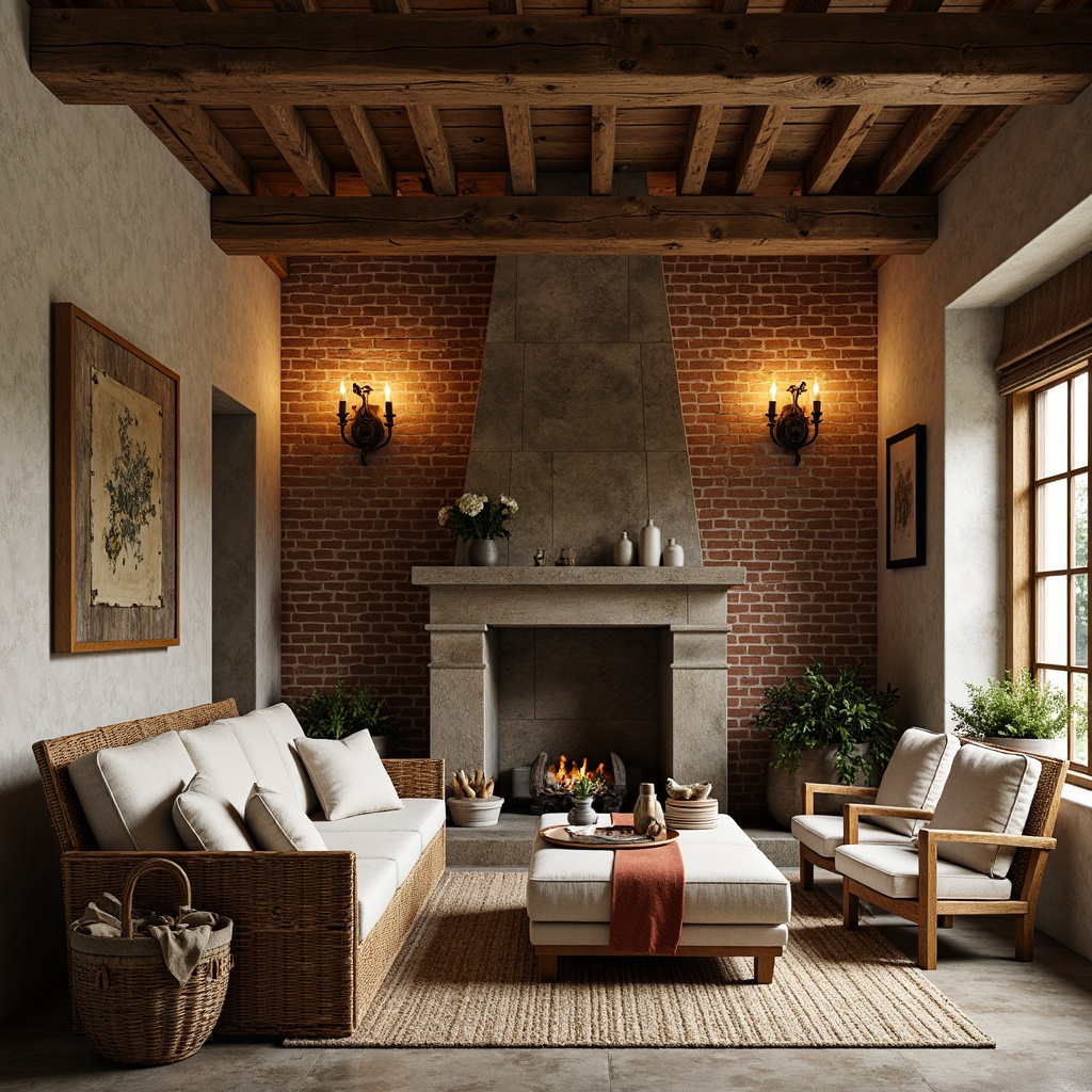 Prompt: Rustic farmhouse interior, distressed wood accents, vintage metal decor, earthy color palette, natural stone flooring, reclaimed wood beams, exposed brick walls, cozy candle lighting, plush linen upholstery, woven wicker furniture, soft warm textiles, traditional country patterns, ornate antique fixtures, warm beige tones, soft focus, shallow depth of field, 1/1 composition, inviting atmosphere.