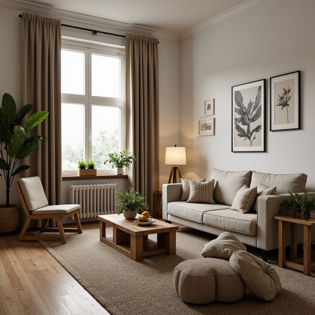 Prompt: Cozy living room, sectional sofas, wooden coffee tables, potted plants, floor lamps, minimalist decor, functional layouts, optimal traffic flow, conversation-friendly arrangements, comfortable seating areas, task-oriented workspaces, ergonomic chair placements, ample storage solutions, natural material accents, earthy color schemes, warm ambient lighting, soft textiles, inviting atmosphere.