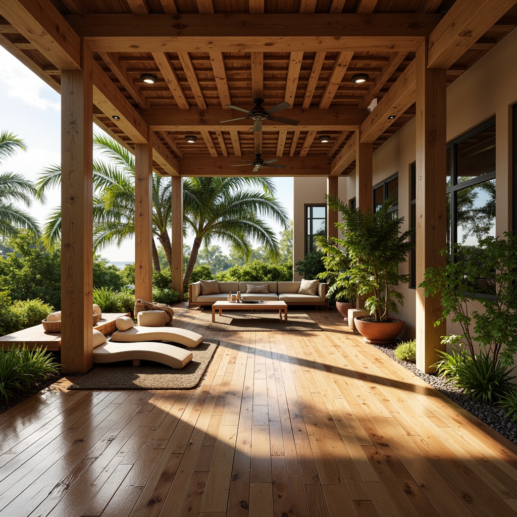 Prompt: Polished wooden floors, tropical hardwood species, rich brown tones, exotic grain patterns, natural fiber rugs, woven jute mats, vibrant green accents, palm tree-inspired designs, refreshing ocean breeze, warm sunny lighting, soft shadows, 1/1 composition, shallow depth of field, realistic textures, ambient occlusion.