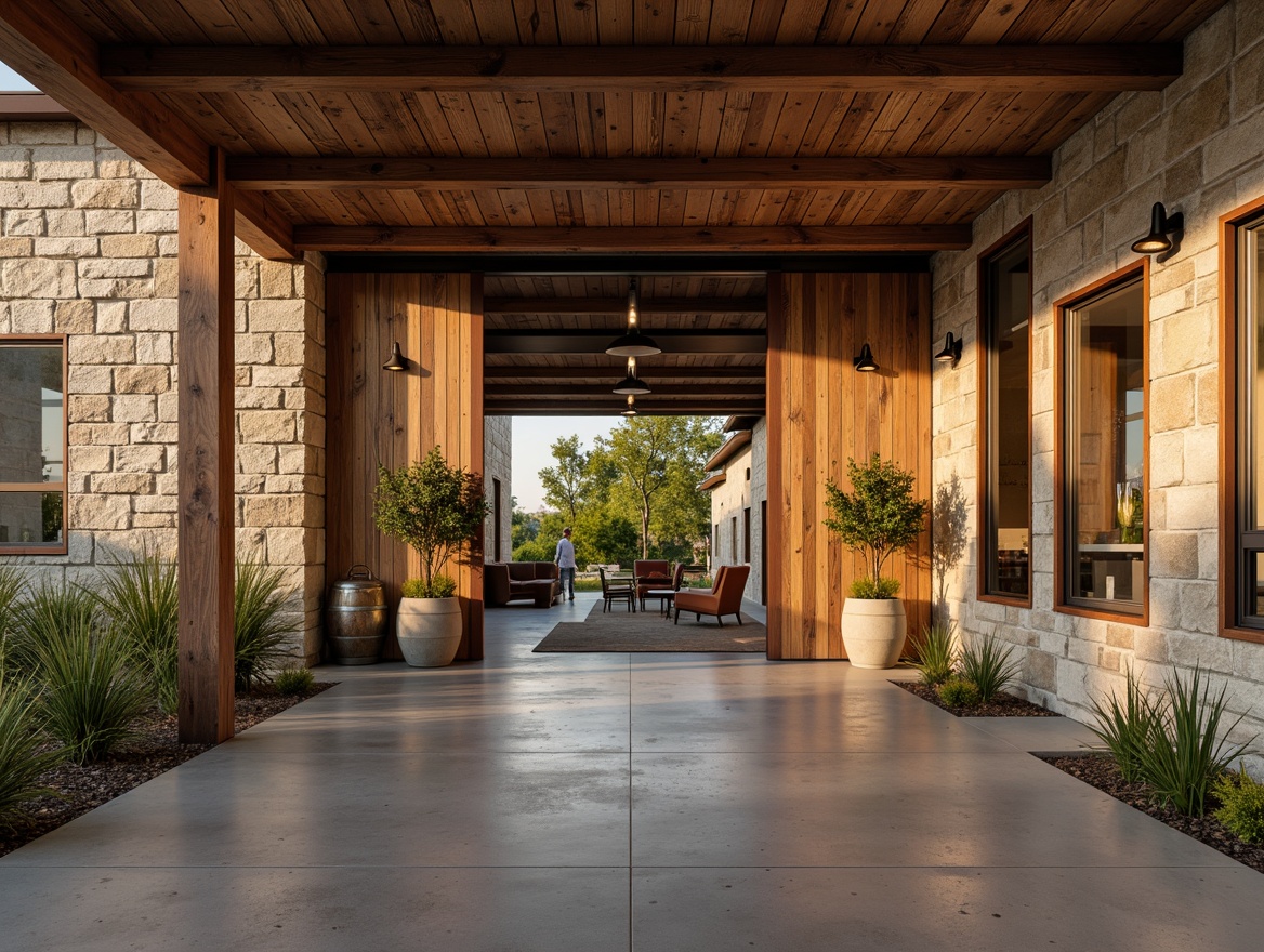 Prompt: Rustic winery exterior, weathered stone walls, reclaimed wood accents, distressed metal decor, earthy color palette, natural textures, modern farmhouse architecture, large wooden doors, steel window frames, industrial lighting fixtures, exposed ductwork, polished concrete floors, sleek wine barrels, vineyard views, warm golden lighting, shallow depth of field, 1/2 composition, rustic-chic atmosphere, realistic wood grain, ambient occlusion.