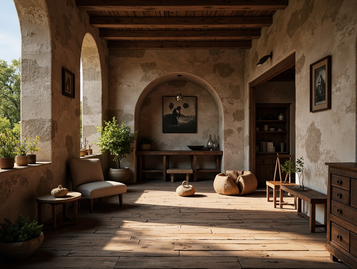 Prompt: Rustic wooden planks, distressed stone walls, earthy color palette, natural materiality, organic forms, irregular shapes, worn-out metal accents, vintage decorative elements, cozy ambiance, soft warm lighting, shallow depth of field, 1/2 composition, cinematic framing, realistic weathering effects, ambient occlusion.