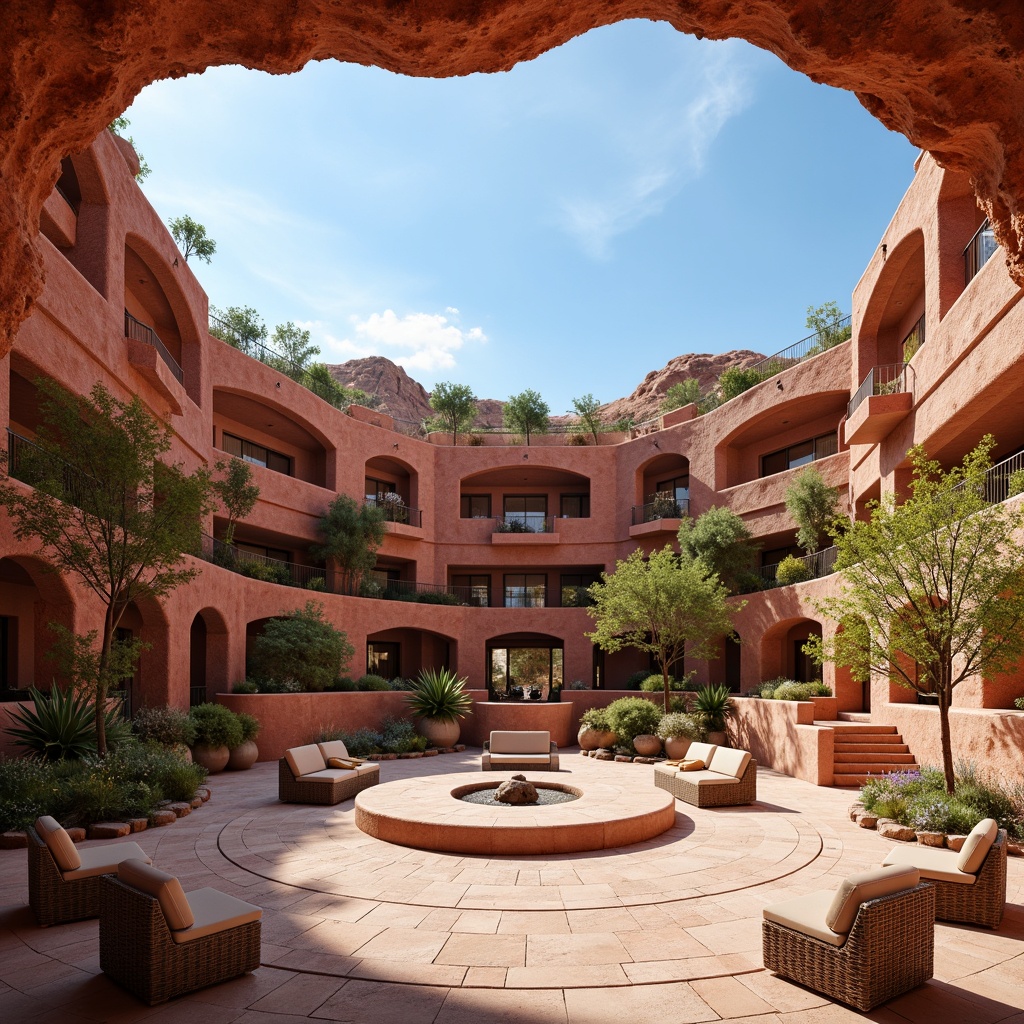 Prompt: Southwestern amphitheater, natural red rock formations, curved seating areas, elevated stages, rustic wooden accents, earthy color palette, warm sandy tones, ceramic tile flooring, woven wicker furniture, desert flora, cacti plants, sunny afternoon, clear blue sky, gentle breeze, optimal sound resonance, acoustic panels, sound-absorbing materials, diffused LED lighting, 3/4 composition, shallow depth of field, panoramic view, realistic textures, ambient occlusion.