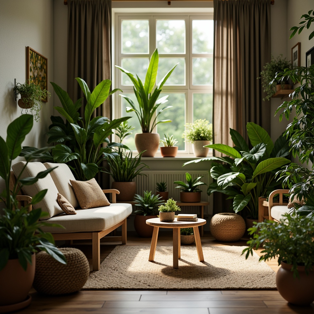 Prompt: Cozy living room, lush greenery, various potted plants, natural wood furniture, earthy color palette, woven textiles, soft warm lighting, subtle shadows, shallow depth of field, 1/1 composition, realistic plant textures, ambient occlusion, peaceful atmosphere.