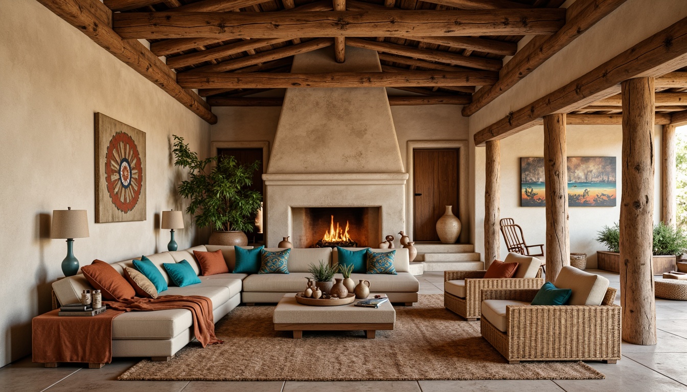 Prompt: Earthy southwestern interior, natural stone walls, rustic wooden beams, woven wicker furniture, vibrant turquoise accents, traditional Native American patterns, authentic Navajo textiles, rough-hewn wood floors, soft suede upholstery, distressed leather armchairs, terracotta pottery, warm sandy hues, sun-kissed adobe architecture, organic shapes, earthy color palette, natural linen fabrics, woven baskets, ethnic-inspired accessories, warm ambient lighting, shallow depth of field, 1/2 composition, realistic textures, atmospheric perspective.