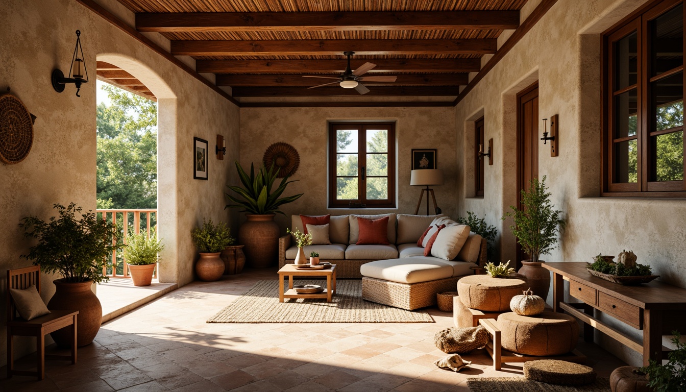 Prompt: Rustic countryside, earthy tones, natural materials, wooden accents, stone walls, clay tiles, terra cotta pots, woven textiles, distressed finishes, vintage decorations, nostalgic ambiance, soft warm lighting, shallow depth of field, 1/1 composition, realistic textures, ambient occlusion.