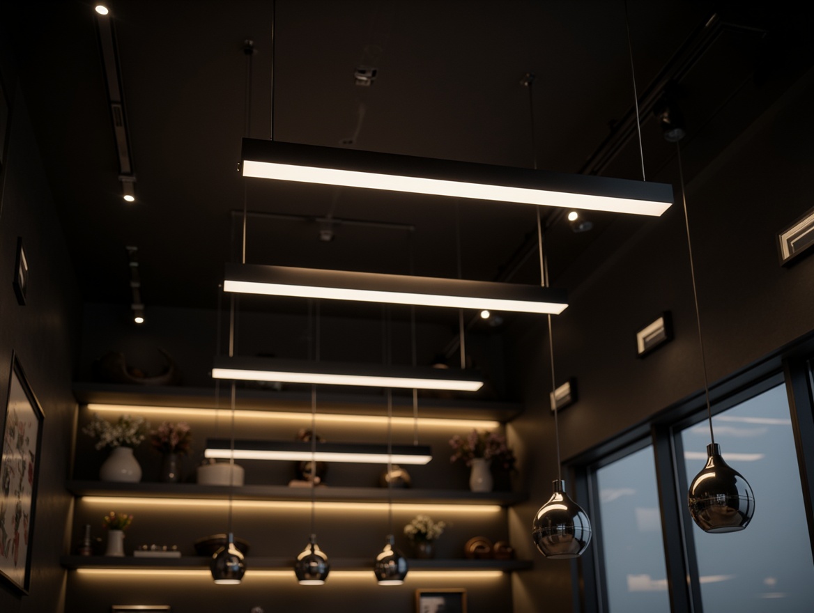 Prompt: Sleek modern interior, polished chrome fixtures, minimalist pendant lights, ambient warm glow, LED strip lighting, recessed ceiling lights, industrial chic metal shades, glass pendant lamps, futuristic orb-like fixtures, monochromatic color scheme, matte black finishes, subtle texture contrasts, 1/1 composition, high-key lighting, soft shadows, realistic reflections.