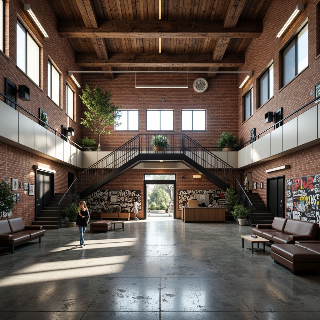 Prompt: Rustic high school building, exposed brick walls, distressed wood accents, metal beams, industrial-style lighting, polished concrete floors, vibrant graffiti murals, inspirational quotes, modern minimalist furniture, sleek metal lockers, dynamic staircase design, open atrium space, natural light pouring in, warm cozy atmosphere, shallow depth of field, 3/4 composition, realistic textures, ambient occlusion.