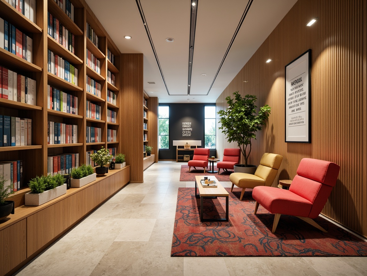 Prompt: Modern library interior, floor-to-ceiling walls, vibrant bookshelves, comfortable reading nooks, natural stone flooring, warm wood accents, geometric patterns, inspirational quotes, minimalistic decor, soft warm lighting, shallow depth of field, 3/4 composition, realistic textures, ambient occlusion.