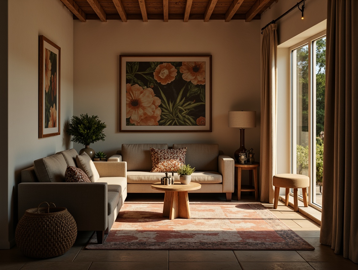 Prompt: Warm inviting atmosphere, cozy living room, plush furniture, rich wood accents, soft velvet textures, muted earthy tones, soothing beige walls, creamy white trim, deep charcoal gray accents, warm golden lighting, ambient shadows, 1/2 composition, shallow depth of field, realistic fabric simulations, soft focus effect.