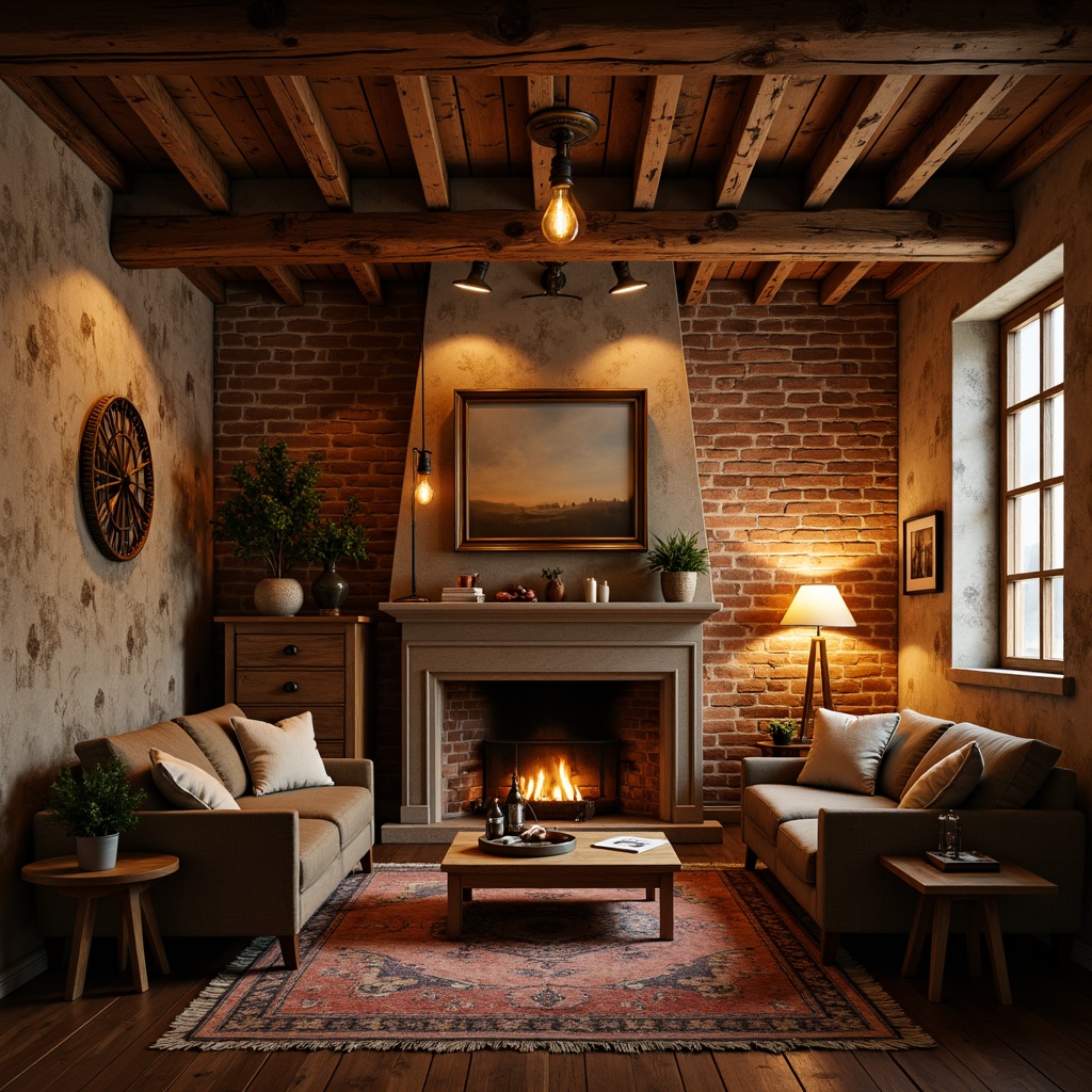 Prompt: Cozy living room, warm golden lighting, rustic wooden beams, comfortable sofas, vintage rugs, distressed brick walls, industrial metal fixtures, Edison bulb pendants, soft candlelight, floor lamps with linen shades, dimmable LED lights, ambient glow, 1/2 composition, shallow depth of field, warm color temperature, realistic textures.