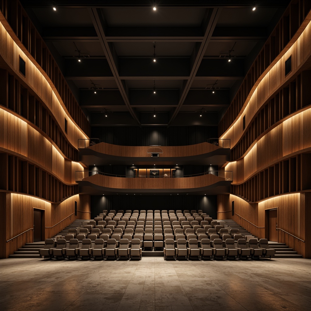 Prompt: Minimalist theater interior, dark wood accents, sleek metal beams, sparse seating arrangement, subtle LED lighting, sound-absorbing materials, acoustic panels, curved lines, minimalist decor, empty space emphasis, natural stone floors, low ceiling, soft warm spotlights, shallow depth of field, 1/1 composition, realistic textures, ambient occlusion.