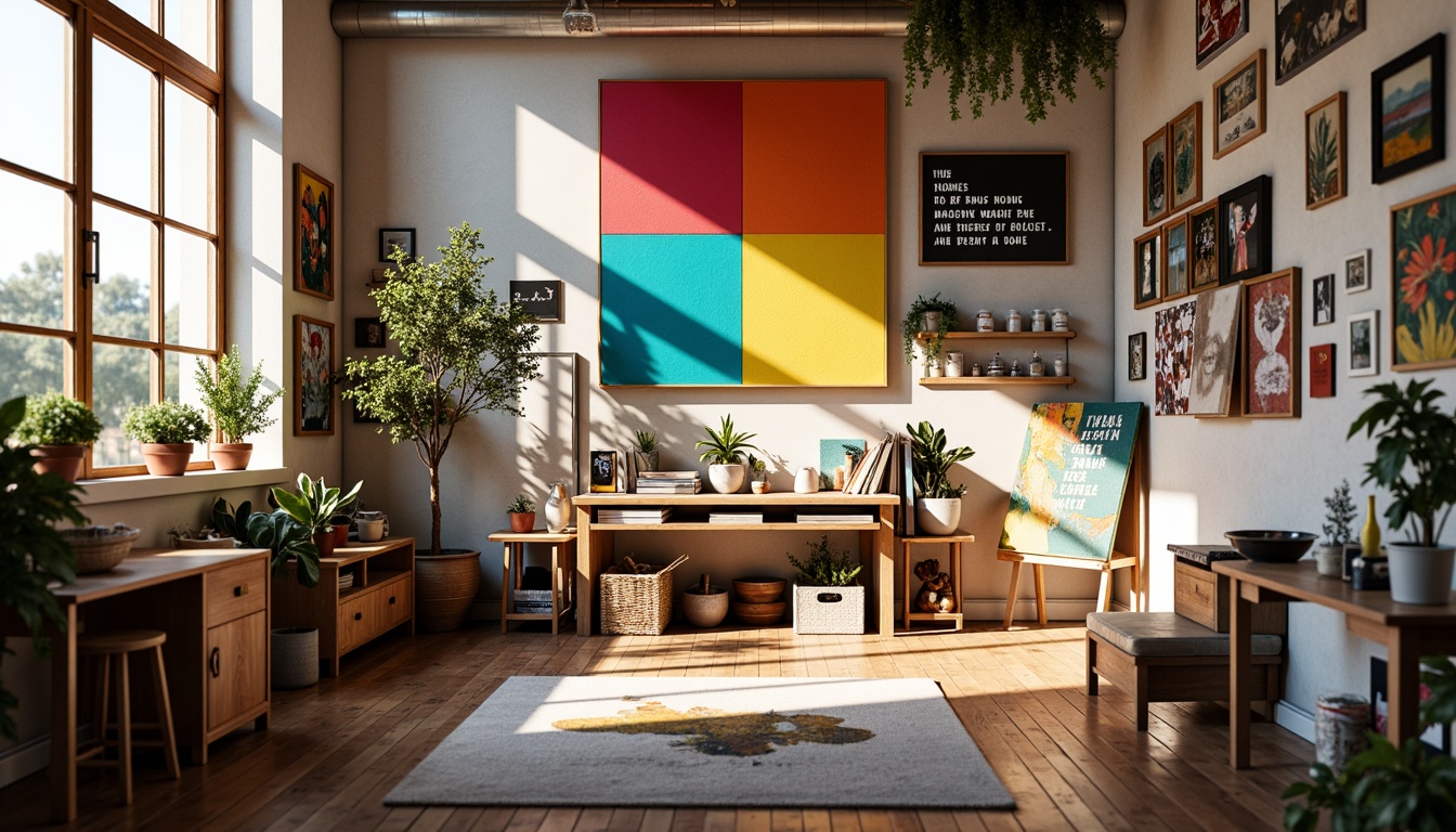 Prompt: Vibrant artistic studio, natural light pouring in, wooden floors, eclectic furniture, inspirational quotes, artistic supplies, colorful paints, bold brushstrokes, modern abstract art, contrasting color blocks, harmonious palette, balanced composition, 1/2 framing, soft warm lighting, shallow depth of field, realistic textures.