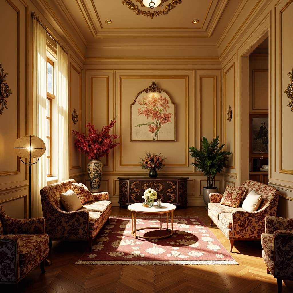 Prompt: Elegant clinic interior, ornate furniture pieces, flowing organic lines, vibrant floral patterns, warm beige walls, polished wooden floors, luxurious velvet upholstery, intricate metalwork details, curved shapes, stylized botanical motifs, soft golden lighting, subtle shadows, 1/2 composition, intimate atmosphere, realistic textures, ambient occlusion.