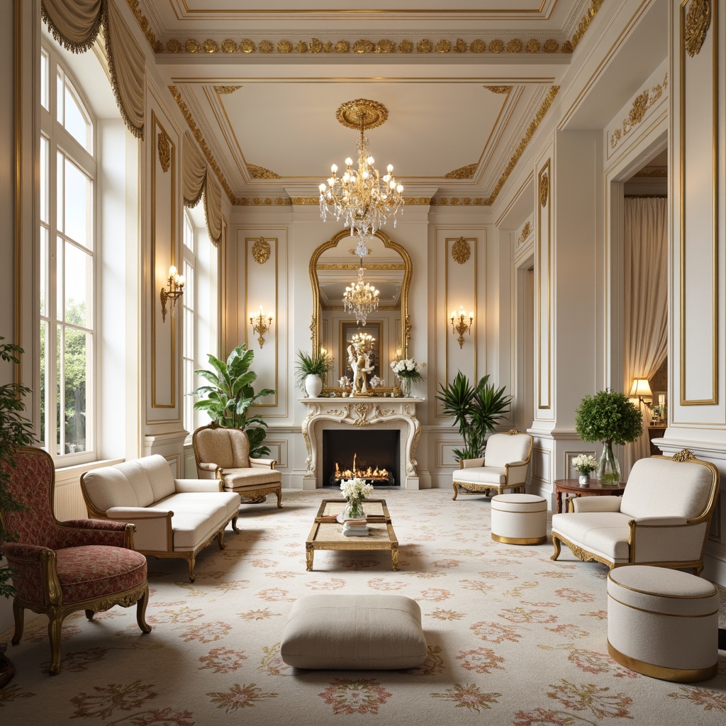 Prompt: Luxurious Rococo interior, soft creamy whites, rich gold accents, delicate pastel hues, ornate furnishings, intricately carved wood, velvety smooth fabrics, crystal chandeliers, lavish drapery, opulent patterns, French Renaissance-inspired details, warm candlelight, shallow depth of field, 1/2 composition, realistic textures, ambient occlusion.