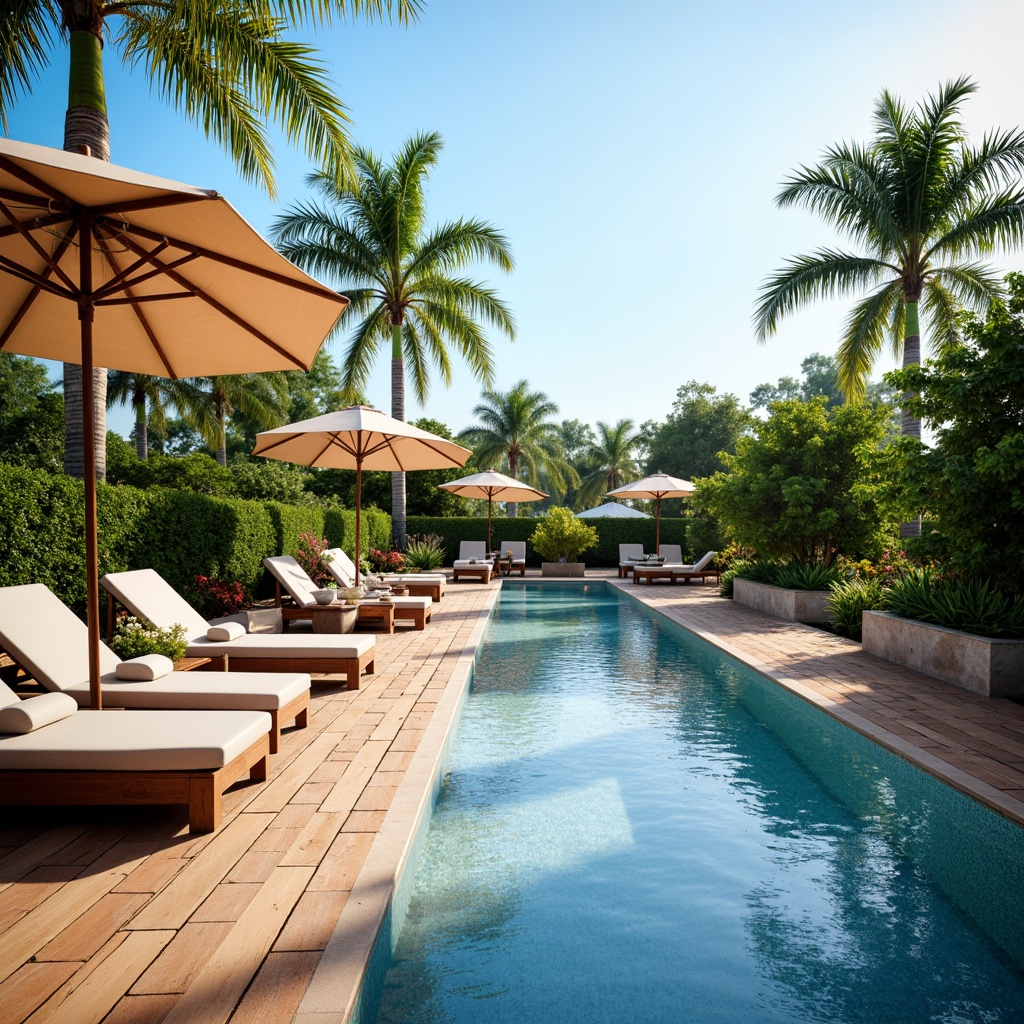 Prompt: Vibrant pool deck, sleek lounge chairs, plush cushions, umbrella tables, metal frame umbrellas, refreshing water features, tropical plants, sunny day, warm lighting, shallow depth of field, 3/4 composition, panoramic view, realistic textures, ambient occlusion.