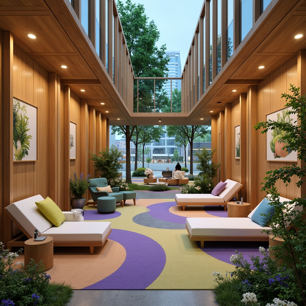 Prompt: Vibrant therapy rooms, calming color schemes, natural wood accents, plush carpeting, ergonomic furniture, collaborative workspaces, acoustic panels, sound-absorbing materials, abundant greenery, living walls, vertical gardens, soothing water features, warm lighting, cozy nooks, comfortable seating areas, flexible modular layouts, adaptive technology integration, minimalist decor, organic shapes, rounded edges, peaceful ambiance, calming art pieces, serene outdoor views, lush courtyards, walking trails, meditation spaces, yoga rooms, healthy snack bars, refreshing beverage stations, airy atriums, panoramic city views, biophilic design elements.