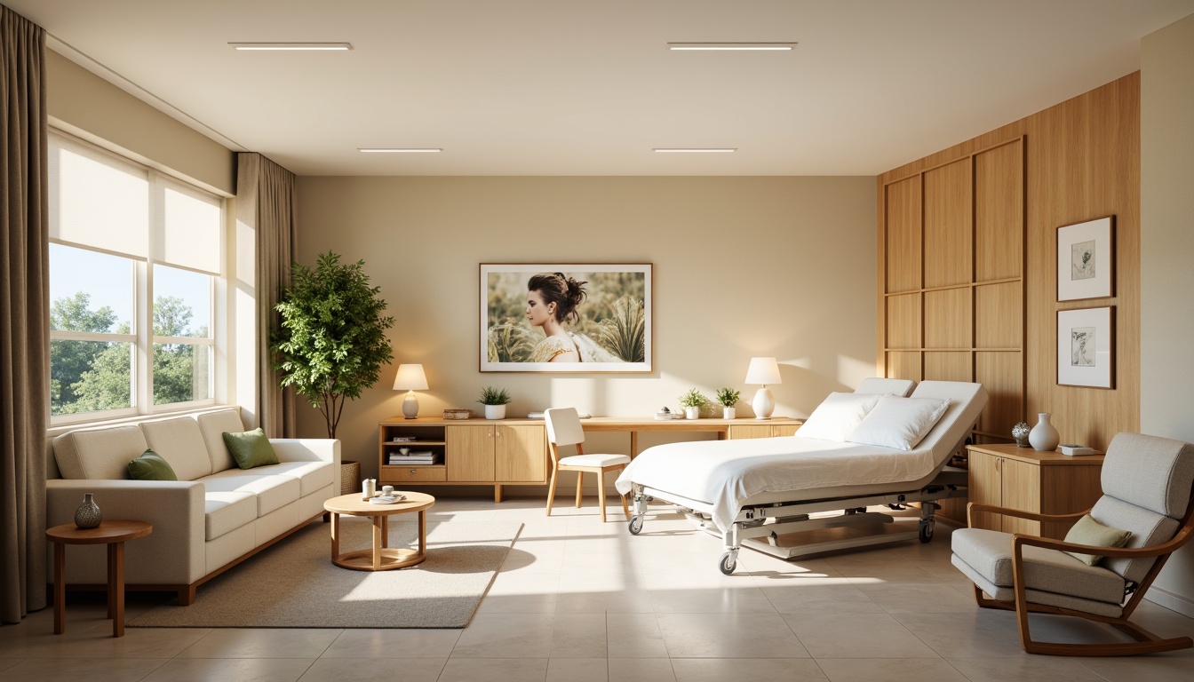 Prompt: Calming patient rooms, soft beige walls, comfortable sofas, warm wooden accents, gentle curved lines, relaxing greenery, natural textiles, calming artwork, peaceful color schemes, soft cushions, rounded edges, non-slip flooring, sturdy wheelchair-accessible tables, adjustable hospital beds, cozy reading nooks, soothing ambient lighting, 1/1 composition, realistic materials, subtle shadows.