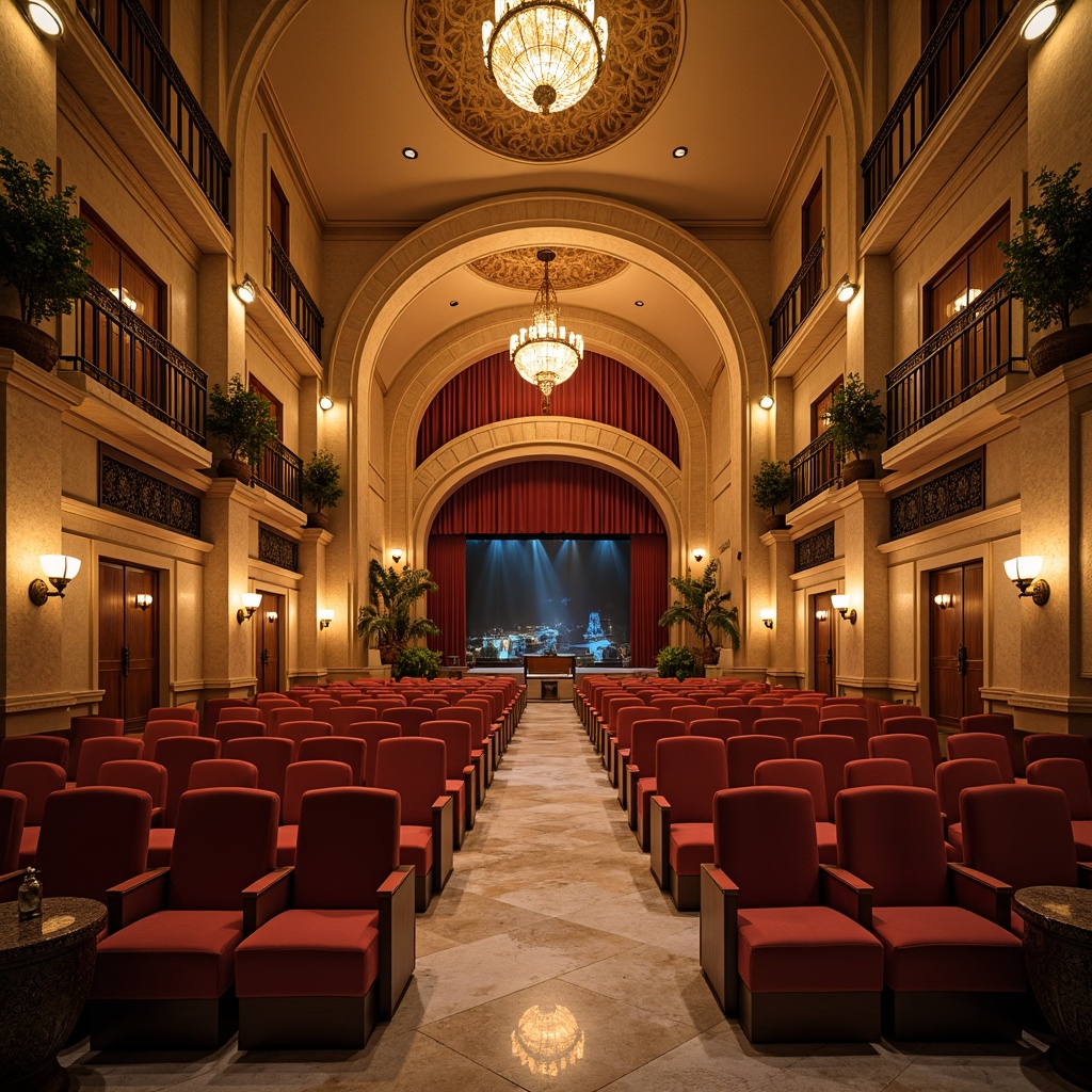 Prompt: Intimate auditorium, Mediterranean-style architecture, warm beige stonework, ornate wooden accents, curved lines, soft golden lighting, plush velvet seating, rich burgundy curtains, polished marble floors, ornamental metalwork, acoustic panels, sound-absorbing materials, tiered seating, proscenium arch, grand chandelier, atmospheric misting, warm afternoon light, shallow depth of field, 2/3 composition, realistic textures, ambient occlusion.