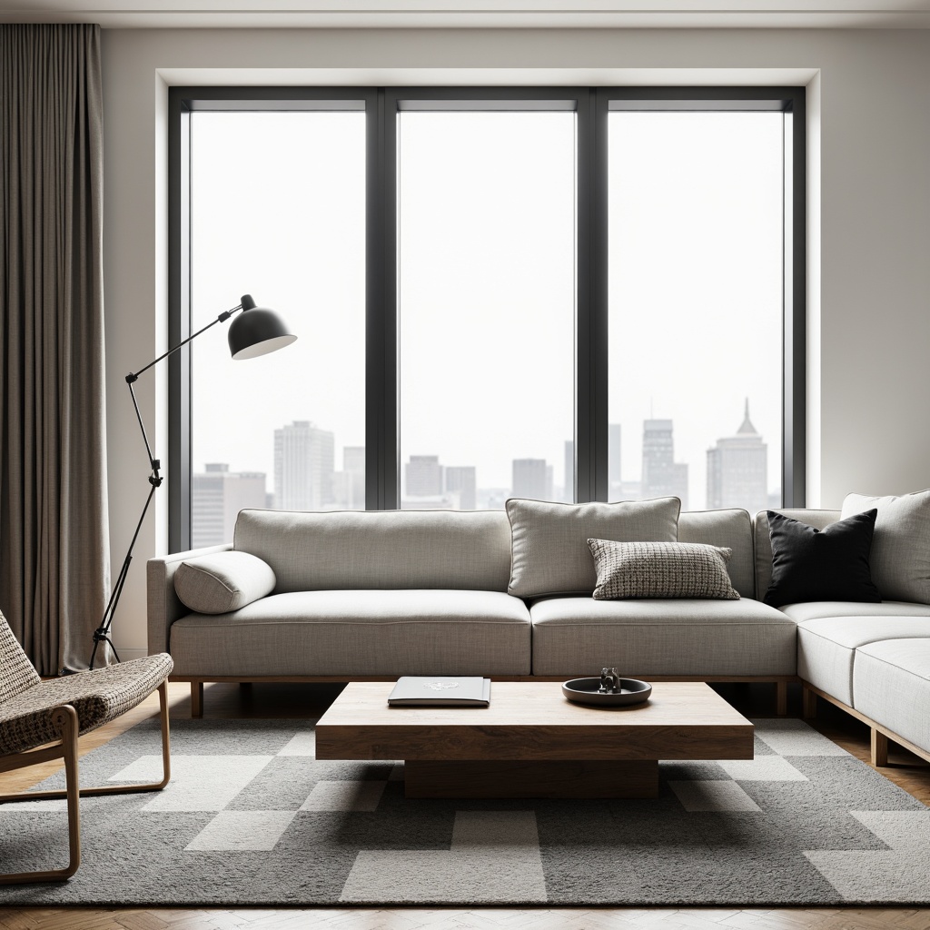 Prompt: Monochromatic minimalist space, sleek low-profile sofa, polished wooden coffee table, geometric-patterned rug, industrial metal floor lamp, modern Scandinavian-inspired chairs, subtle textured throw pillows, neutral-toned walls, large windows, natural daylight, soft warm lighting, shallow depth of field, 3/4 composition, realistic textures, ambient occlusion.