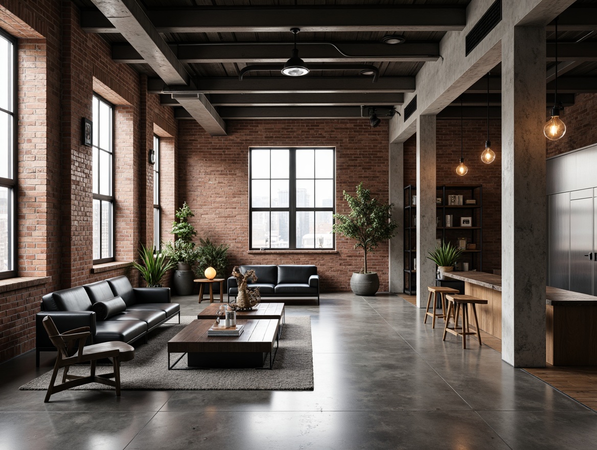 Prompt: Exposed brick walls, polished concrete floors, industrial metal beams, reclaimed wood accents, minimalist sofas, low-profile coffee tables, metal-legged chairs, geometric-shaped decor, Edison bulb lighting, urban loft atmosphere, raw concrete columns, functional shelving units, distressed leather upholstery, black steel frames, industrial-style lamps, monochromatic color scheme, high ceilings, natural light pouring in, 1/1 composition, dramatic shadows, gritty textures.