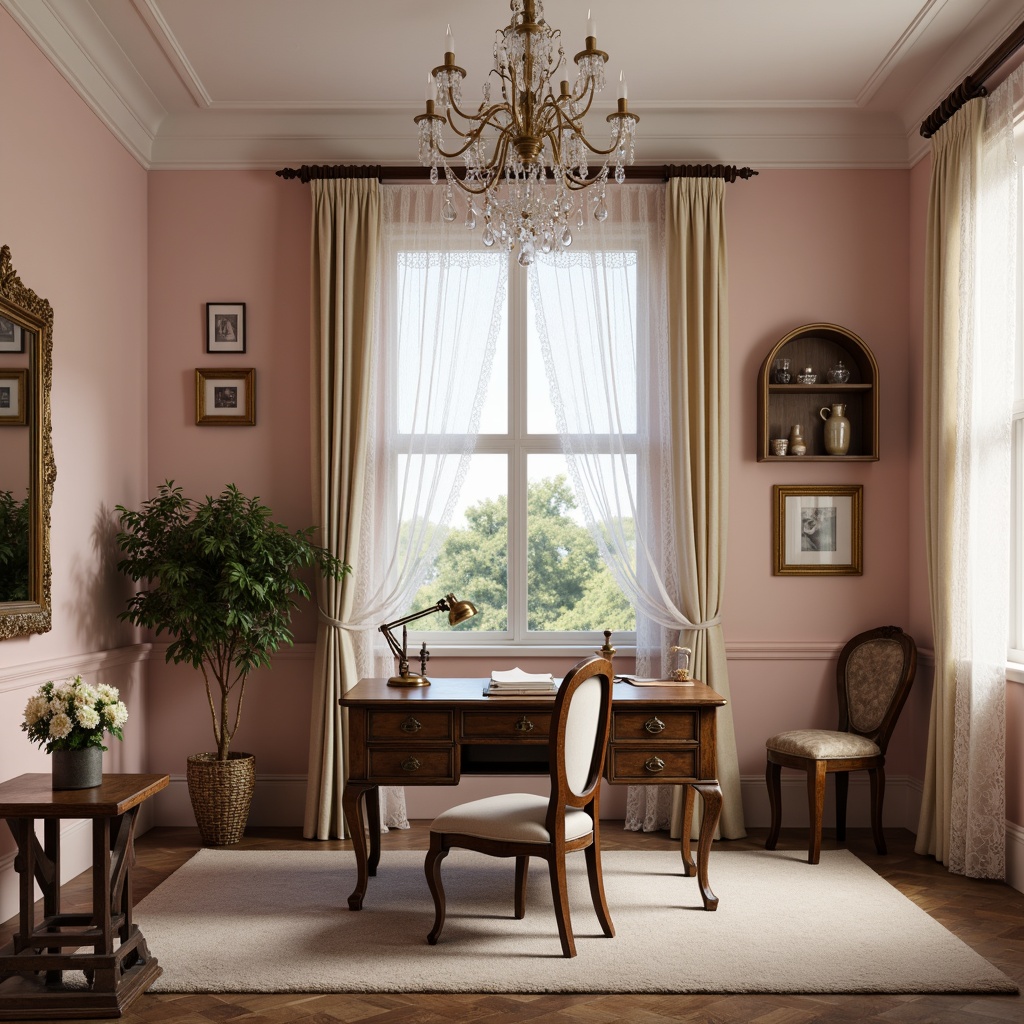 Prompt: Distressed wooden desk, vintage metal lamp, ornate picture frames, lace curtains, pastel pink walls, soft beige carpet, elegant crystal chandelier, feminine antique furniture, distressed leather armchair, ornate gold mirror, decorative paperweights, rustic wooden shelves, soft warm lighting, shallow depth of field, 1/1 composition, realistic textures, ambient occlusion.Let me know if you need any adjustments!