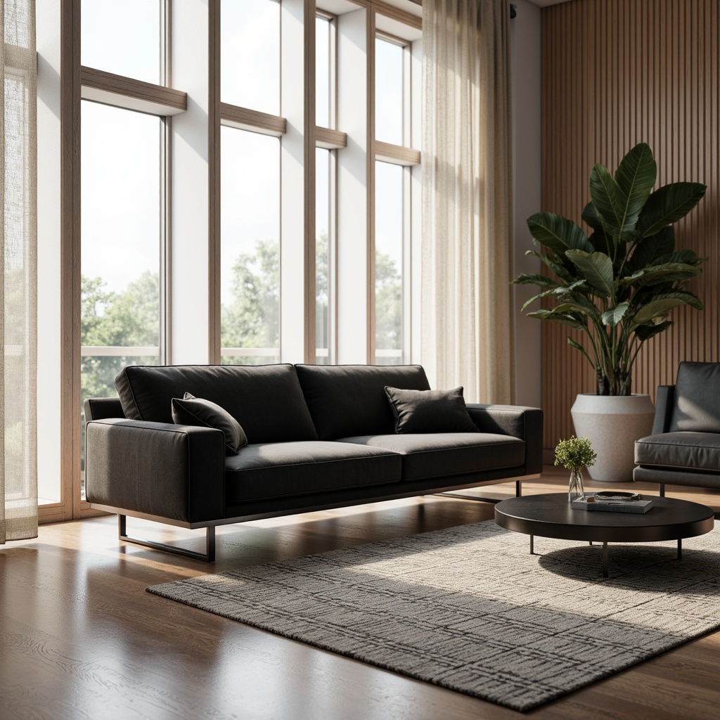 Prompt: Luxurious living room, sleek low-profile sofa, velvet upholstery, polished chrome legs, minimalist coffee table, geometric-patterned rug, floor-to-ceiling windows, natural light flooding, soft warm ambiance, 1/1 composition, shallow depth of field, realistic textures, ambient occlusion, modern elegance, Scandinavian-inspired design, monochromatic color scheme, matte black accents, creamy white walls, subtle wood grain texture.