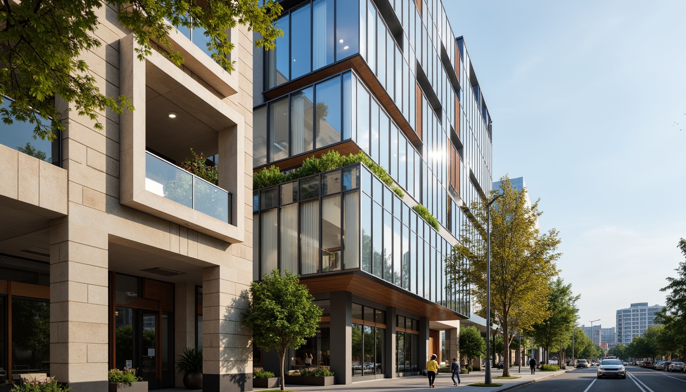 Prompt: Modern architectural design, sleek glass fa\u00e7ade, metallic accents, neutral beige tones, rich wood textures, calming blue hues, vibrant greenery, urban cityscape, sunny day, soft warm lighting, shallow depth of field, 3/4 composition, realistic materials, ambient occlusion.