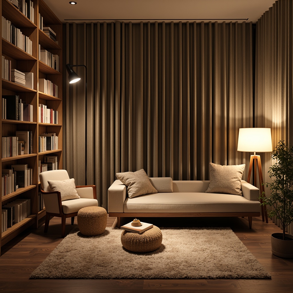 Prompt: Cozy reading nook, acoustic panels, sound-absorbing materials, comfortable seating, floor lamps, warm lighting, wooden bookshelves, classic literature, peaceful atmosphere, calming colors, soft fabrics, plush rugs, minimal decor, natural textiles, earthy tones, serene ambiance, 1/2 composition, soft focus, warm color palette, realistic textures.