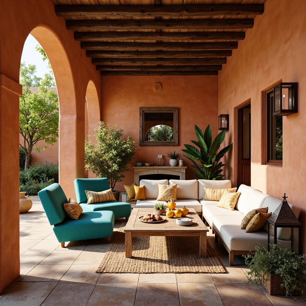 Prompt: Vibrant Mediterranean interior, warm terracotta walls, rustic stone floors, turquoise accent chairs, pops of yellow ceramics, soft cream sofas, distressed wood coffee tables, ornate metal lanterns, lush greenery, natural fiber rugs, woven baskets, sunny day, soft warm lighting, shallow depth of field, 3/4 composition, realistic textures, ambient occlusion.