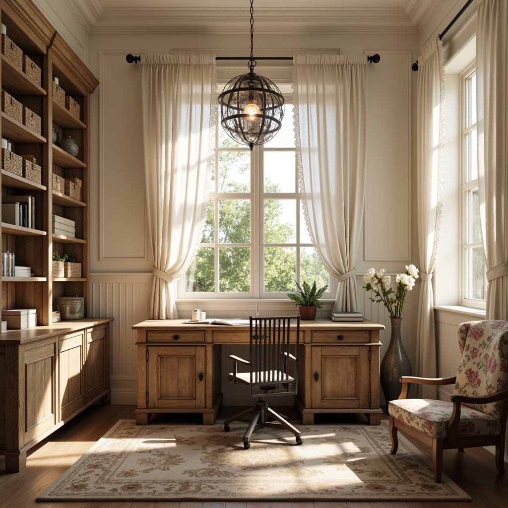 Prompt: Distressed wooden desk, vintage metal chair, soft warm lighting, rustic pendant lamp, ornate chandelier, creamy white walls, distressed wooden shelves, woven basket storage, linen drapes, lace trim details, pastel color palette, natural fiber rug, floral patterned upholstery, elegant gold accents, classic typography, worn leather armchair, afternoon sunlight, shallow depth of field, 1/2 composition, warm color temperature.