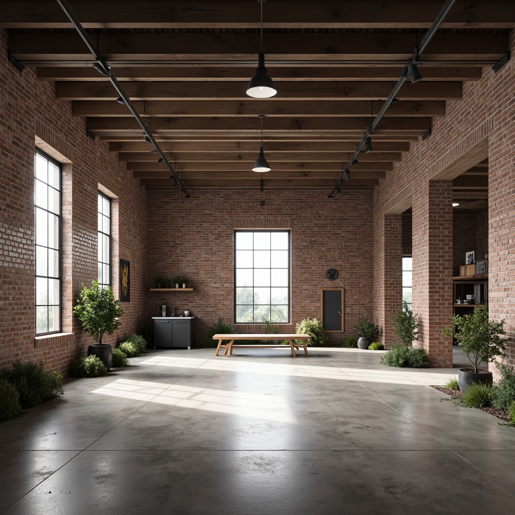 Prompt: Industrial warehouse setting, exposed brick walls, polished concrete floors, minimalist decor, sparse greenery, reclaimed wood accents, industrial metal beams, functional lighting fixtures, open space layout, urban loft aesthetic, neutral color palette, natural textures, abundant natural light, subtle shadows, 1/1 composition, soft focus, realistic rendering.