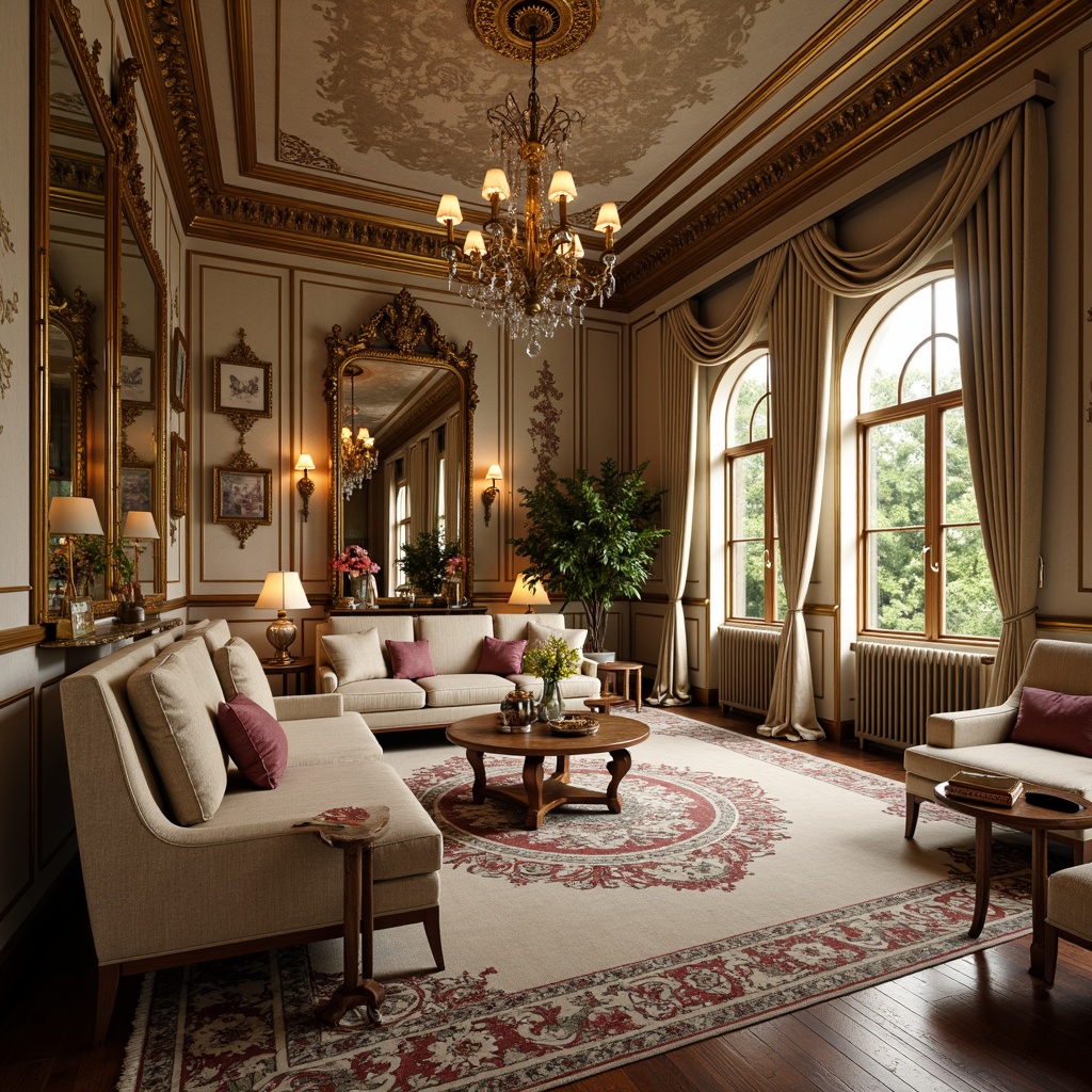 Prompt: Luxurious palace, ornate furnishings, rich wood tones, intricately patterned rugs, soft plush carpets, distressed hardwood floors, antique inlays, metallic accents, gilded frames, opulent chandeliers, lavish drapery, velvet upholstery, baroque motifs, floral patterns, pastel color palette, warm golden lighting, shallow depth of field, 1/1 composition, ornate mirror reflections, realistic textures, ambient occlusion.