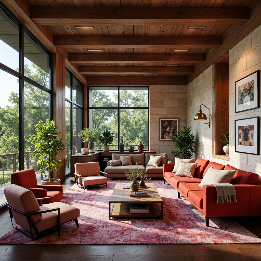 Prompt: Vibrant living room, bold color accents, statement furniture pieces, rich wood tones, plush area rugs, metallic lighting fixtures, eclectic decorative accessories, modern abstract artwork, natural stone walls, floor-to-ceiling windows, abundant natural light, soft warm glow, shallow depth of field, 3/4 composition, panoramic view, realistic textures, ambient occlusion.