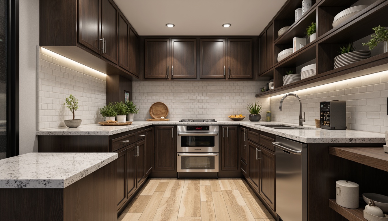 Prompt: Modern pantry, sleek cabinets, handle-free doors, minimalist hardware, bright white lighting, polished chrome accents, Caesarstone countertops, matte black appliances, warm oak flooring, industrial-style shelving, open storage, geometric tile backsplash, soft-close drawers, LED under-cabinet lighting, 3/4 composition, shallow depth of field, realistic textures, ambient occlusion.