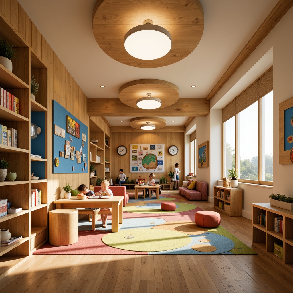 Prompt: Vibrant kindergarten interior, soft warm lighting, gentle color temperatures, cozy reading nooks, playful furniture, educational wall displays, interactive learning tools, natural wood textures, bright ceiling lights, table lamps, floor lamps, LED strip lights, energy-efficient solutions, diffused illumination, indirect lighting, circular pendant lights, colorful rug patterns, whimsical decorative elements, cheerful atmosphere, 1/1 composition, shallow depth of field, warm and inviting ambiance.