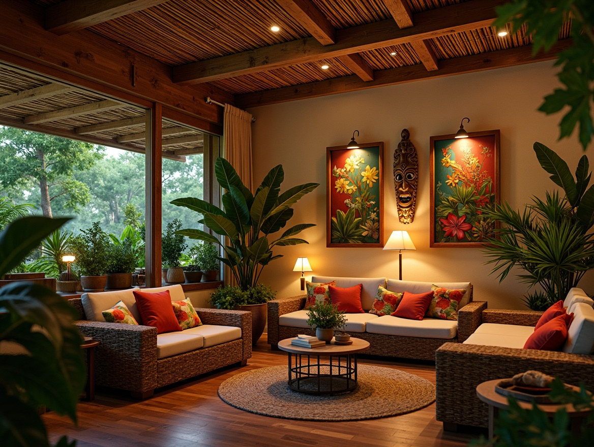 Prompt: Warm tropical interior, natural materials, woven rattan furniture, lush green plants, vibrant floral patterns, soft warm lighting, table lamps, floor lamps, string lights, ambient glow, warm beige walls, dark wood accents, colorful tiki masks, woven bamboo ceiling, rustic wooden floors, cozy reading nooks, plush throw pillows, nature-inspired artwork, earthy color palette, organic textures, shallow depth of field, 1/1 composition, soft focus, realistic rendering.