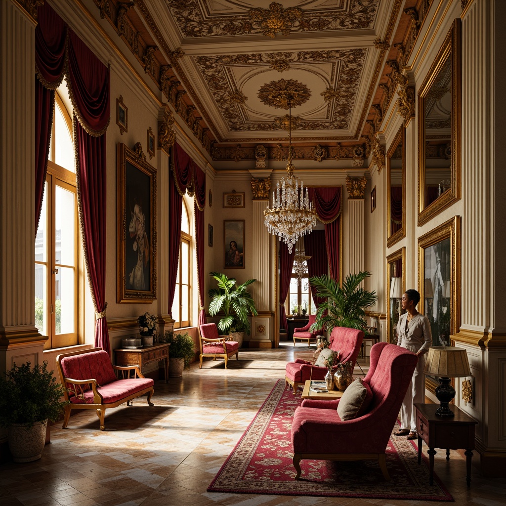 Prompt: Grand ornate palace, lavish furnishings, intricately carved wooden chairs, velvet upholstered sofas, gilded frames, crystal chandeliers, rich tapestries, ornamental mirrors, marble floors, classical columns, grandiose architecture, warm golden lighting, shallow depth of field, 2/3 composition, realistic textures, ambient occlusion.