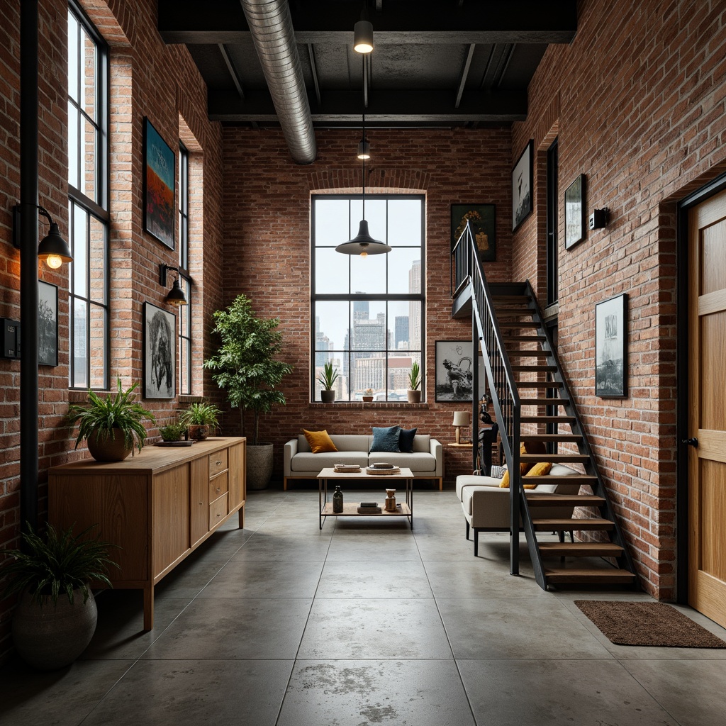 Prompt: Exposed brick walls, metal beams, reclaimed wood accents, industrial-style lighting fixtures, concrete floors, urban cityscape views, modern minimalist decor, functional pipes and ductwork, distressed finishes, Edison bulbs, steel windows, functional staircases, warehouse-inspired architecture, converted loft spaces, eclectic decorative elements, vintage machinery parts, neutral color palette, high ceilings, open floor plans, abstract art pieces, atmospheric fog effects, cinematic lighting, 1/2 composition, gritty textures, ambient occlusion.