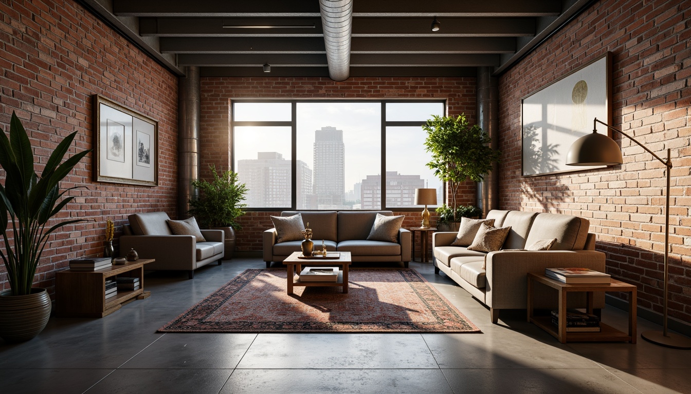 Prompt: Industrial chic loft, exposed brick walls, polished concrete floors, open ductwork, high ceilings, large windows, natural light, urban skyline views, Art Deco accents, geometric patterns, metallic materials, luxurious textiles, vintage decorative items, eclectic art pieces, minimalist furniture, functional living spaces, cozy reading nooks, warm ambient lighting, dramatic shadows, cinematic composition, low-angle shots, atmospheric haze.