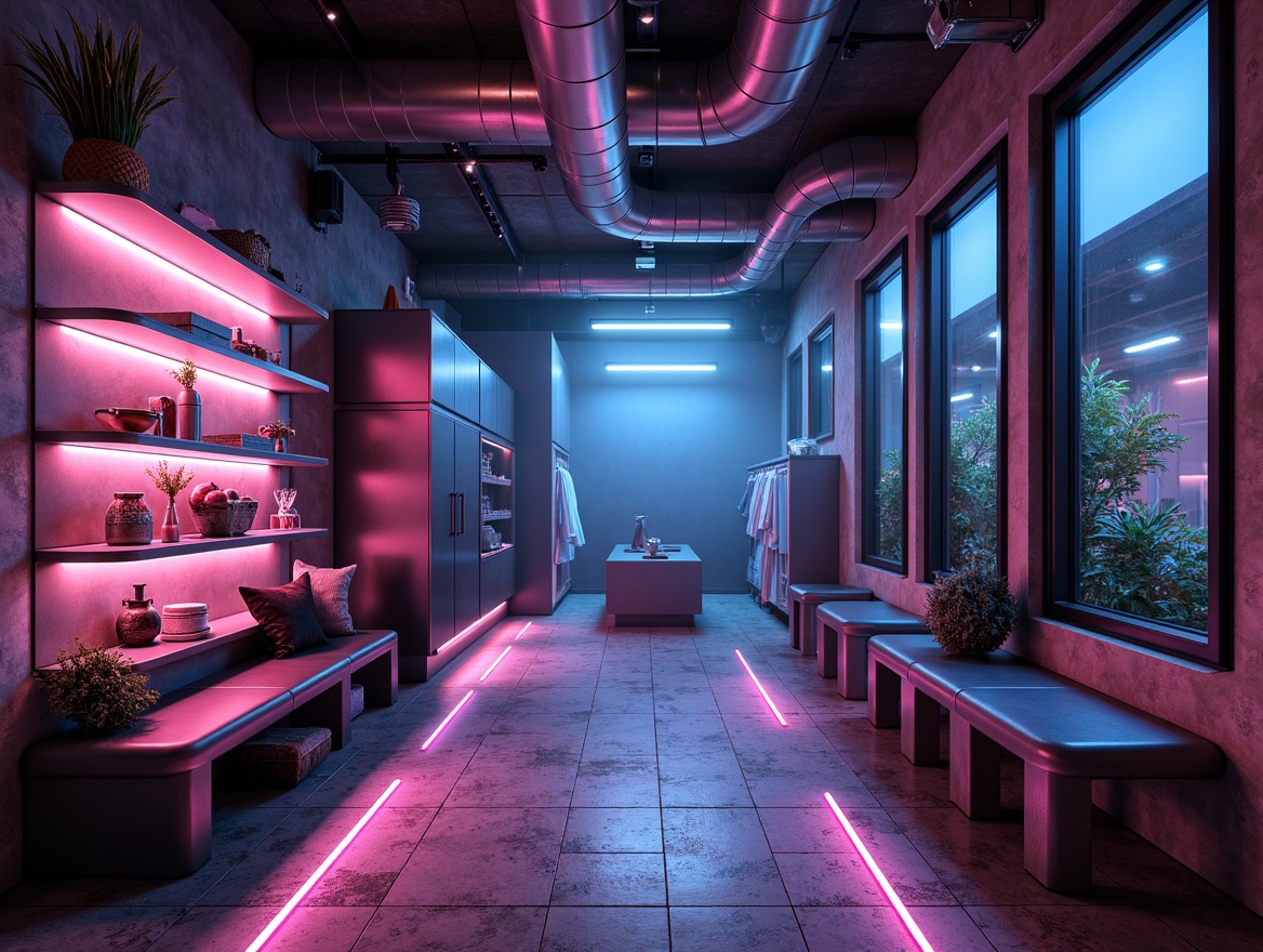 Prompt: Futuristic mudroom, neon-lit shelves, glowing floor tiles, LED strip lighting, metallic accents, sleek cabinets, glass doors, industrial-style pipes, exposed ductwork, concrete floors, urban-chic decor, dynamic color-changing lights, ambient fog effects, shallow depth of field, 3/4 composition, panoramic view, realistic textures, ambient occlusion.