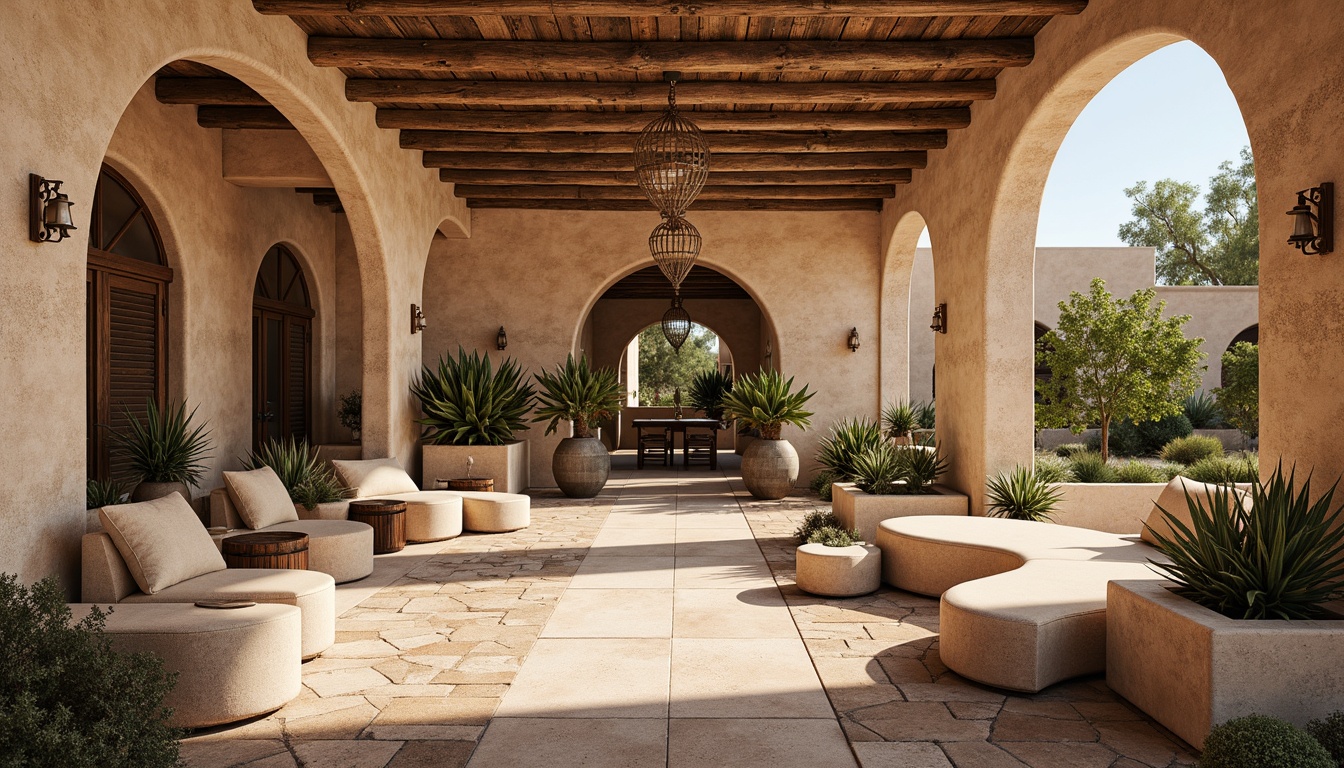 Prompt: Adobe earth tones, rustic stonework, wooden accents, curved lines, ornate metalwork, vibrant turquoise, desert flora, cacti, succulents, sandy terrain, warm golden light, shallow depth of field, 3/4 composition, panoramic view, realistic textures, ambient occlusion, Spanish-inspired architecture, hacienda-style buildings, clay tile roofs, wooden beams, distressed wood, natural fabrics, woven textiles, geometric patterns, earthy color palette, organic shapes, cozy intimate spaces.