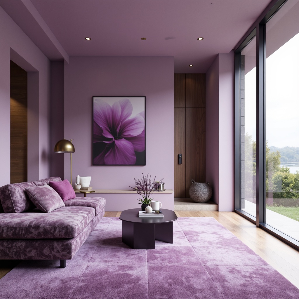 Prompt: Minimalist interior, soft purple hues, matte finishes, sleek lines, monochromatic color scheme, subtle gradients, luxurious velvet fabrics, metallic accents, geometric shapes, minimalist decor, floor-to-ceiling windows, natural light, airy atmosphere, calming ambiance, warm neutral tones, rich plum undertones, sophisticated elegance, modern simplicity, abstract artwork, low-key lighting, shallow depth of field, 1/1 composition, realistic textures, ambient occlusion.