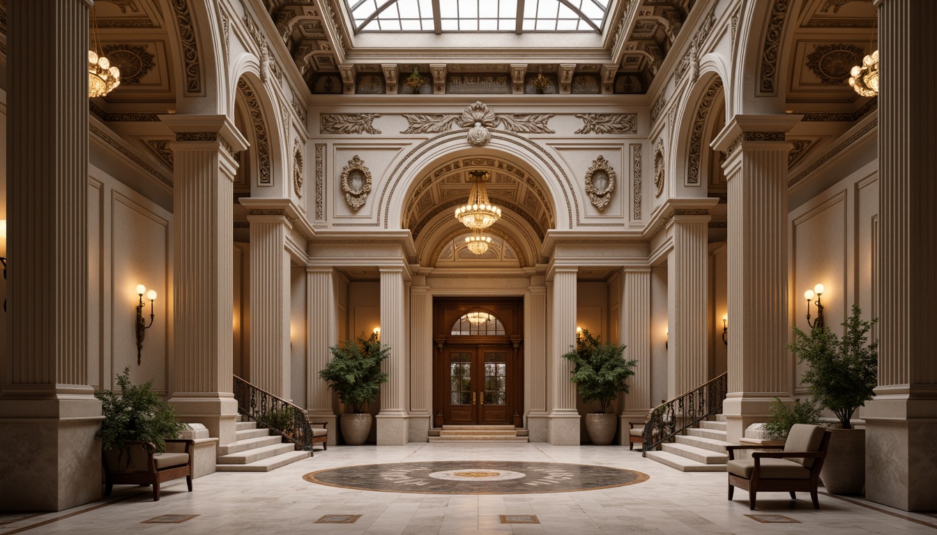 Prompt: Grandiose columns, ornate capitals, classical arches, symmetrical facades, rusticated bases, pilasters, carved moldings, intricate stucco work, egg-and-dart motifs, acanthus leaves, scrolling volutes, fluted shafts, pediments, tympanums, ornate doorways, grand entrance halls, sweeping staircases, polished marble floors, crystal chandeliers, subtle warm lighting, shallow depth of field, 2/3 composition, realistic textures, ambient occlusion.