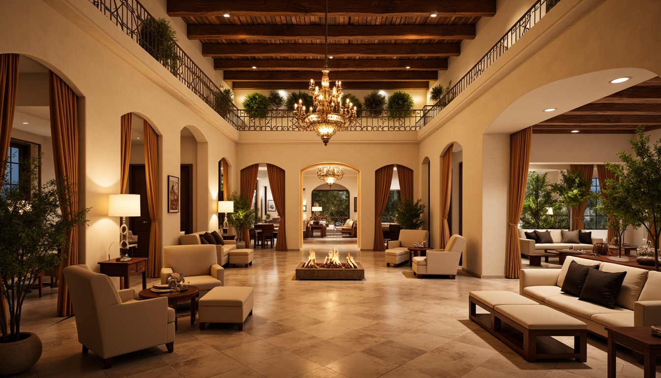 Prompt: Warm Mediterranean ambiance, curved wooden accents, soft cream-colored stucco walls, ornate wrought iron railings, grandiose chandeliers, warm golden lighting, LED strip lights, cozy seating areas, rich velvet curtains, polished marble floors, sweeping archways, high ceilings, rustic wooden beams, ambient sidelighting, dramatic spotlights, 3-point lighting setup, warm color temperature, soft shadows, realistic textures, atmospheric rendering.