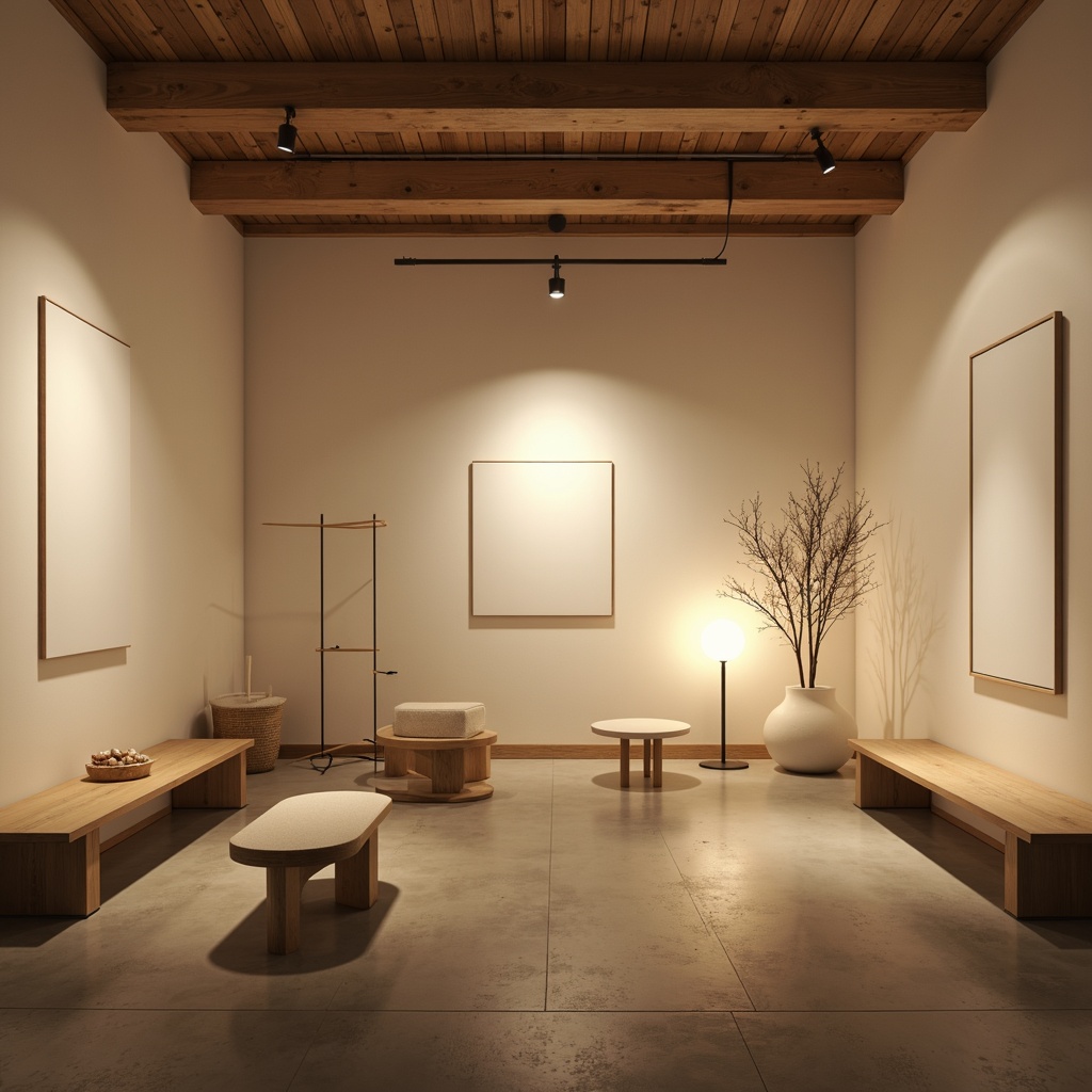 Prompt: Minimalist interior, soft warm glow, ambient lighting, subtle shadows, clean lines, monochromatic color scheme, sparse furniture, empty space, natural materials, wooden accents, concrete floors, industrial chic, modern fixtures, recessed lights, floor lamps, table lamps, warm beige tones, creamy whites, gentle illumination, 1/1 composition, shallow depth of field, soft focus, realistic textures.