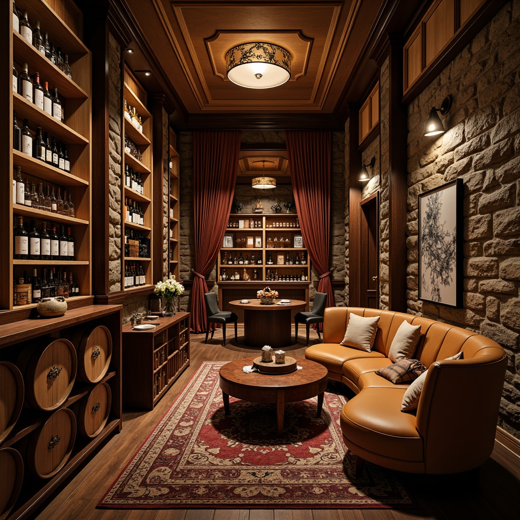 Prompt: Luxurious wine cellar, rich wood tones, ornate metalwork, dim warm lighting, rustic stone walls, wooden wine crates, elegant glassware, refined leather upholstery, velvet drapes, ambient candlelight, soft background music, 1/1 composition, shallow depth of field, realistic textures, warm earthy colors, sophisticated furniture designs, curved banquettes, plush area rugs.